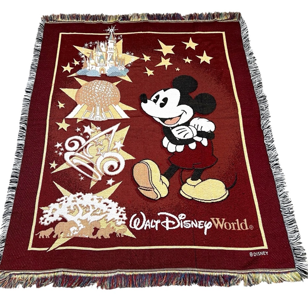 Walt Disney World Mickey Mouse Epcot Afghan Fringed Tapestry 63 X 50‎ Blanket